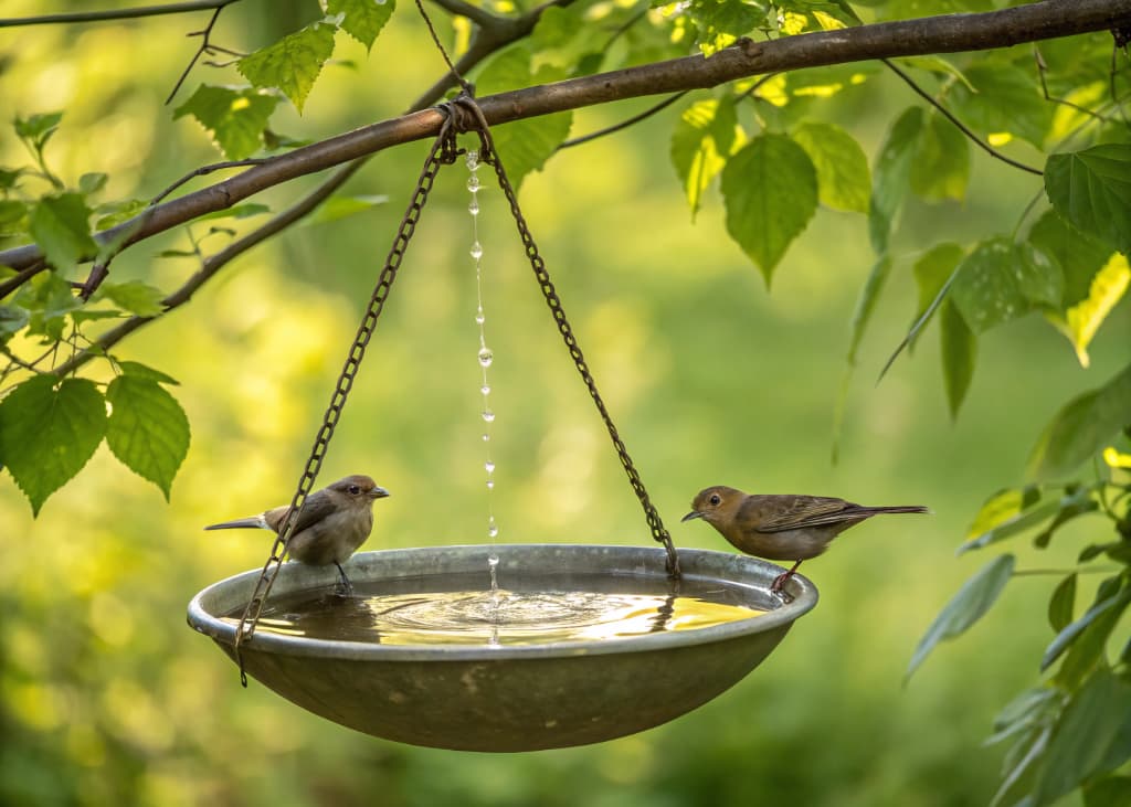 Hanging bird bath from tree branch, metal bowl with birds drinking, green leafy background