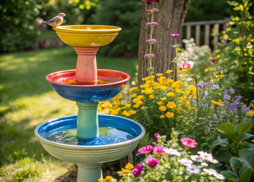 Upcycled bird bath using colorful ceramic bowls, garden flowers around, sunny backyard