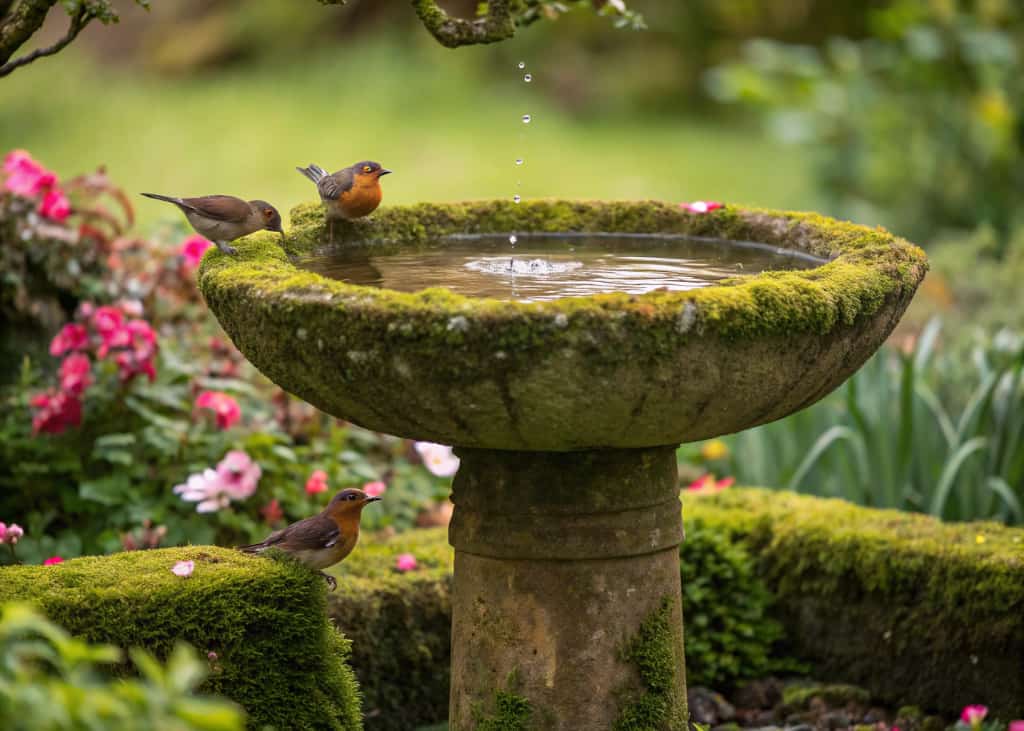 “Wooden bird bath on tree stump, small colorful birds drinking, green plants around