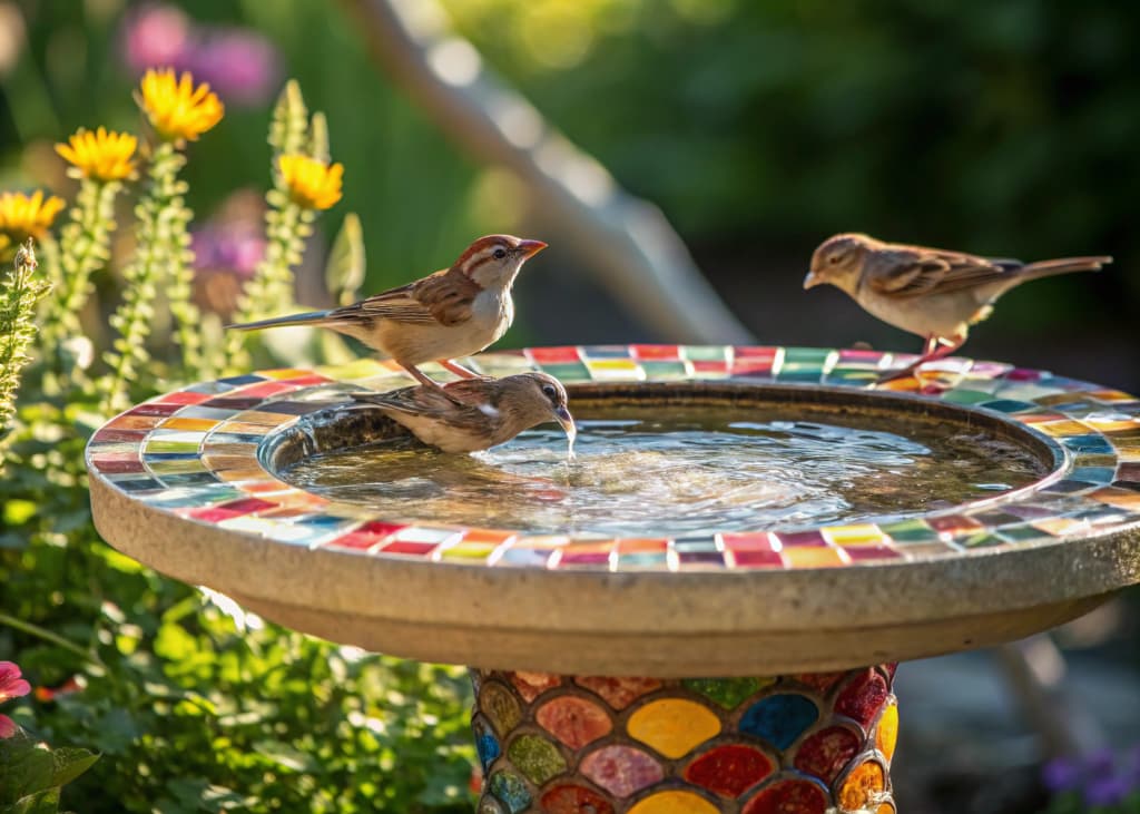 Colorful mosaic bird bath in a backyard, small birds drinking water, sunlight reflecting on tiles