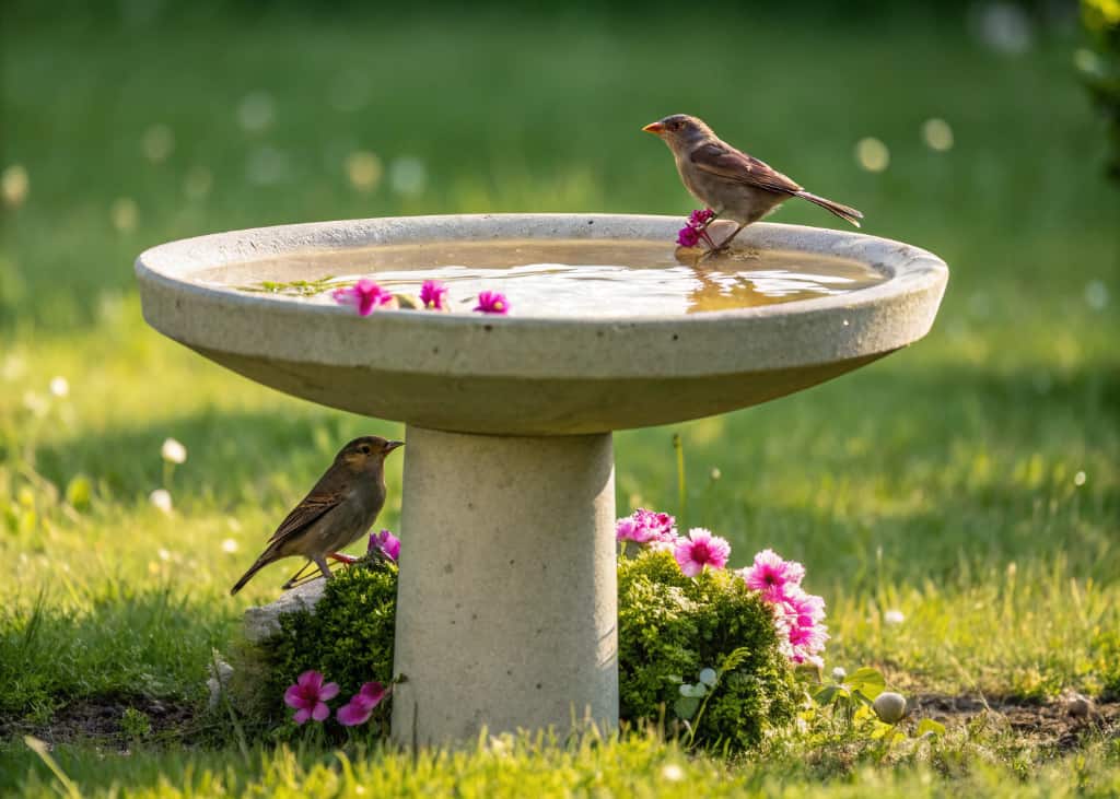 Minimalist concrete bird bath on lawn, birds perched and drinking, small flowers around