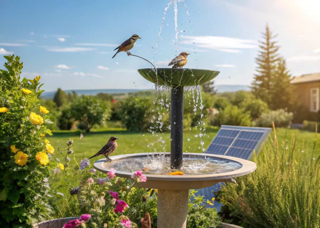 “Solar-powered bird bath fountain in sunny backyard, birds splashing, clear blue sky