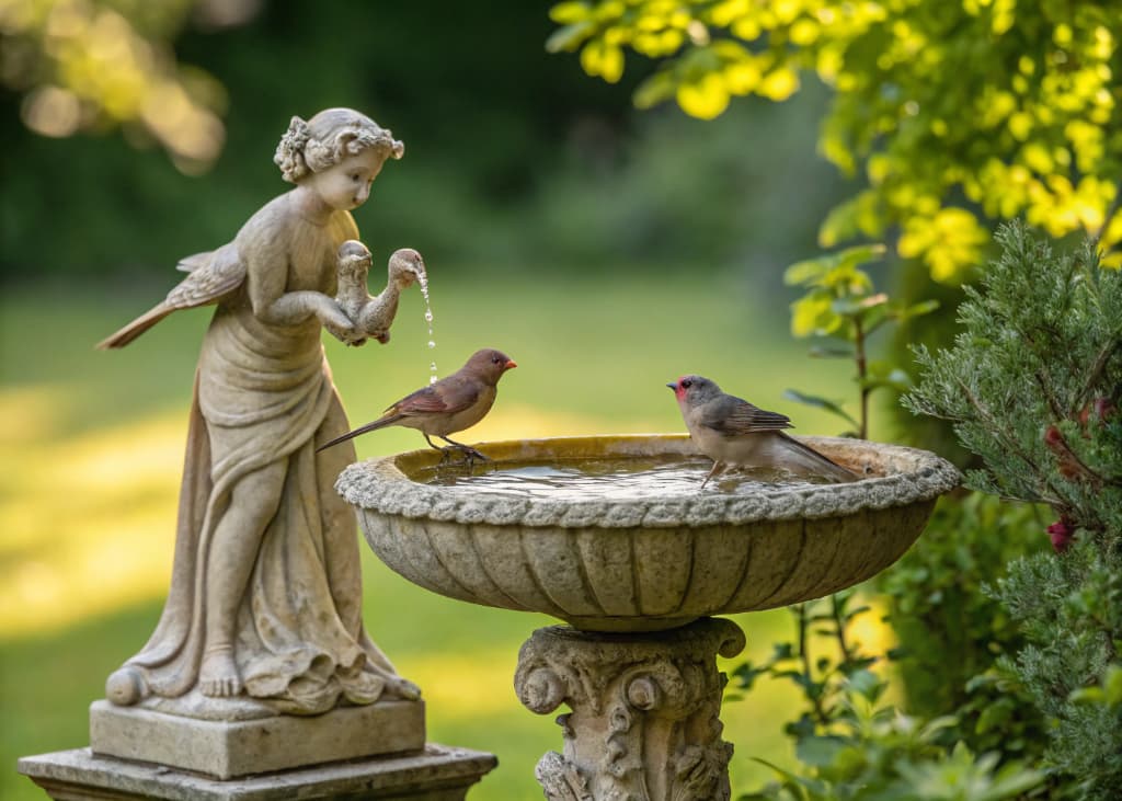 “Bird bath in the form of garden statue, birds drinking, leafy garden background