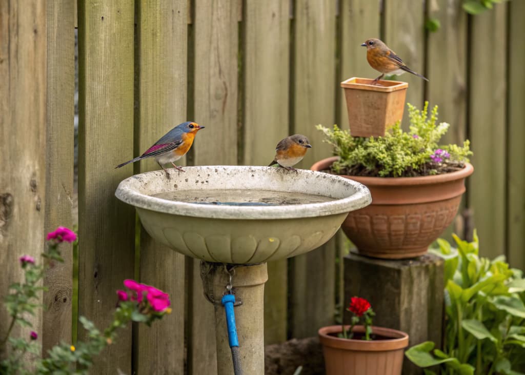“Wall-mounted bird bath on garden fence, small birds perched, potted plants nearby
