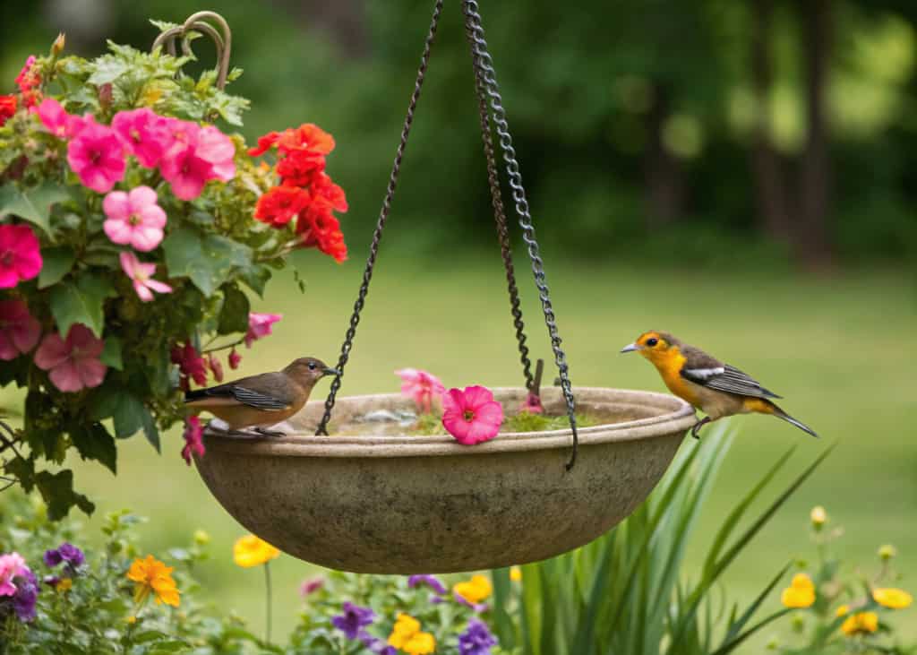 “Hanging bird bath with flowers above, birds drinking, green backyard