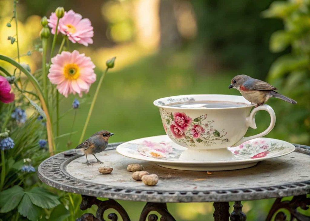 Repurposed teacup bird bath on garden table, tiny birds drinking, flowers nearby