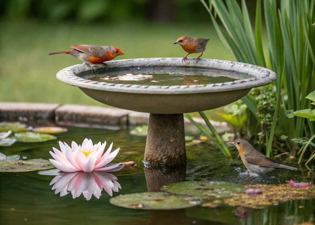 “Floating bird bath on backyard pond, birds drinking, water lilies nearby