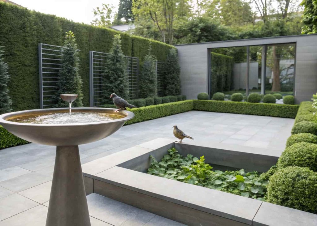 “Minimalist metal bird bath in modern backyard, birds perched, clean lines, greenery around