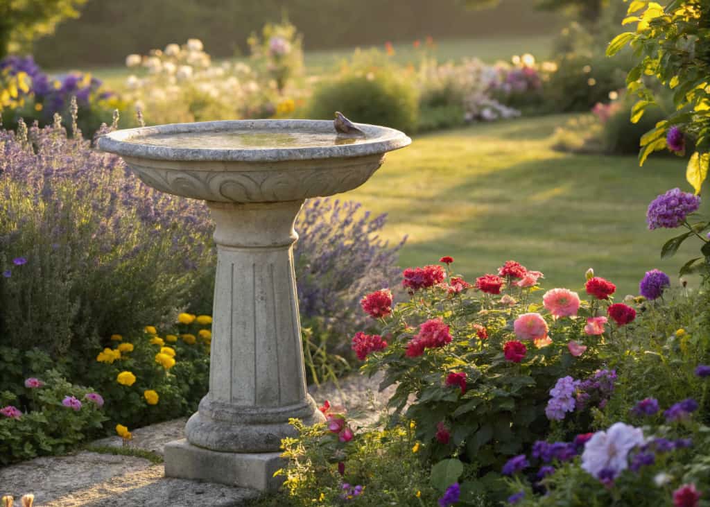 A classic gray stone pedestal bird bath surrounded by colorful blooming flowers like roses, lavender, and daisies in a sunny backyard garden