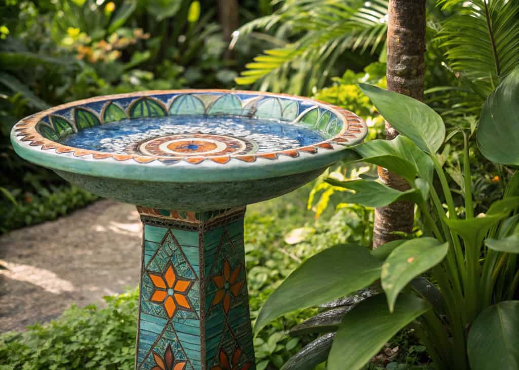 A vibrant mosaic tile bird bath with blue, green, and orange patterns placed in a lush green garden surrounded by tropical plants