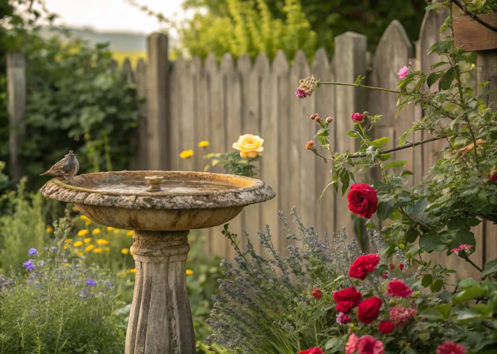 A rustic wooden bird bath with a weathered finish placed in a charming cottage garden with wildflowers, climbing roses, and a wooden fence in the background