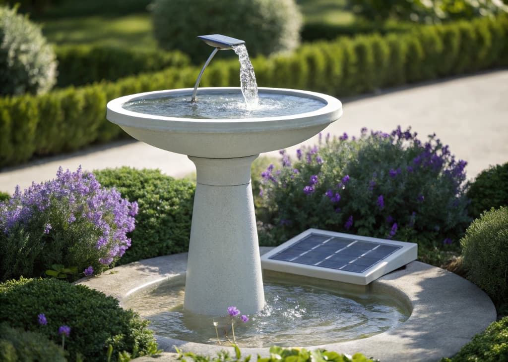 A modern solar-powered bird bath fountain with gentle water flowing from the top, placed in a garden with green shrubs and blooming purple flowers under bright sunlight