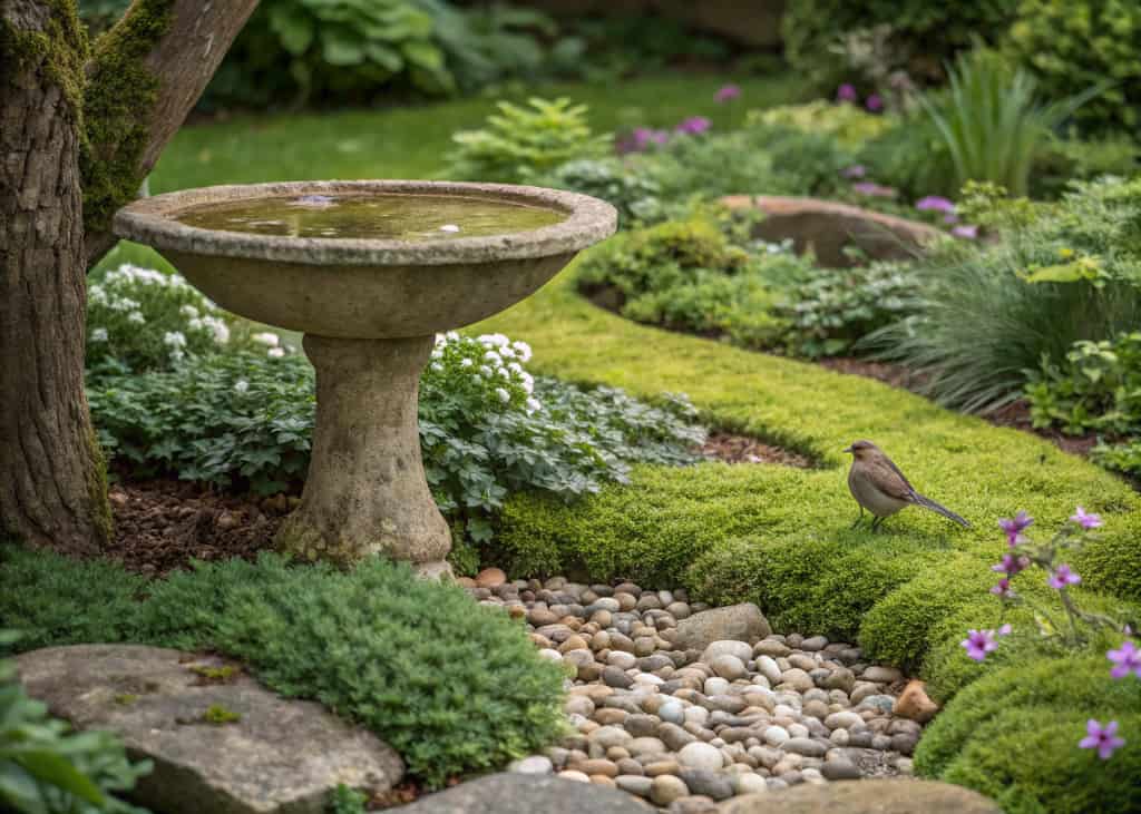 A shallow ground-level stone dish bird bath nestled among green ground cover plants, small pebbles, and low flowering plants in a natural garden setting