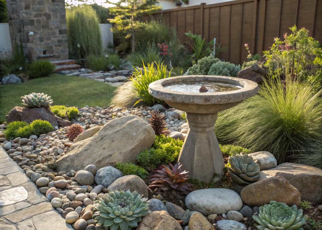 A stone bird bath placed in the center of a decorative rock garden with various sized rocks, succulents, and ornamental grasses arranged around it in a sunny yard