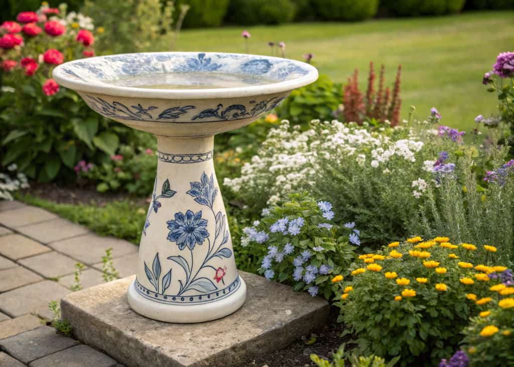 A beautiful hand-painted ceramic bird bath with floral blue and white patterns on a pedestal, surrounded by colorful garden flowers in a well-maintained backyard