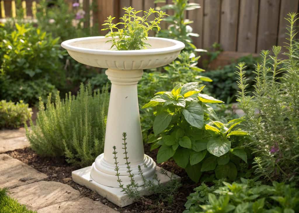 A simple white pedestal bird bath surrounded by a lush herb garden with rosemary, mint, basil, and thyme plants growing in a sunny backyard kitchen garden