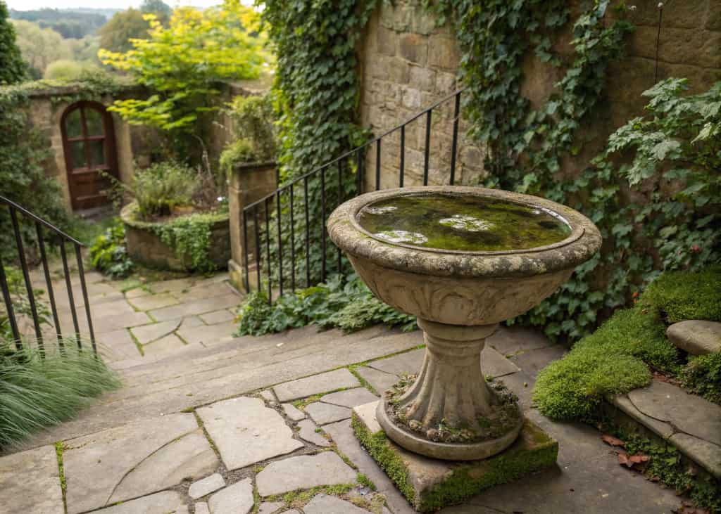 A vintage antique urn or large decorative pot repurposed as a bird bath filled with water, placed on a stone patio surrounded by ivy and climbing plants