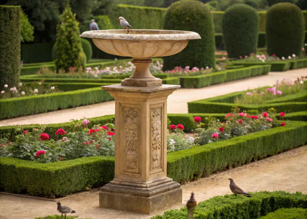 An elegant bird bath bowl placed on top of a tall decorative stone or concrete pillar in a formal garden with neatly trimmed hedges and symmetrical flower beds