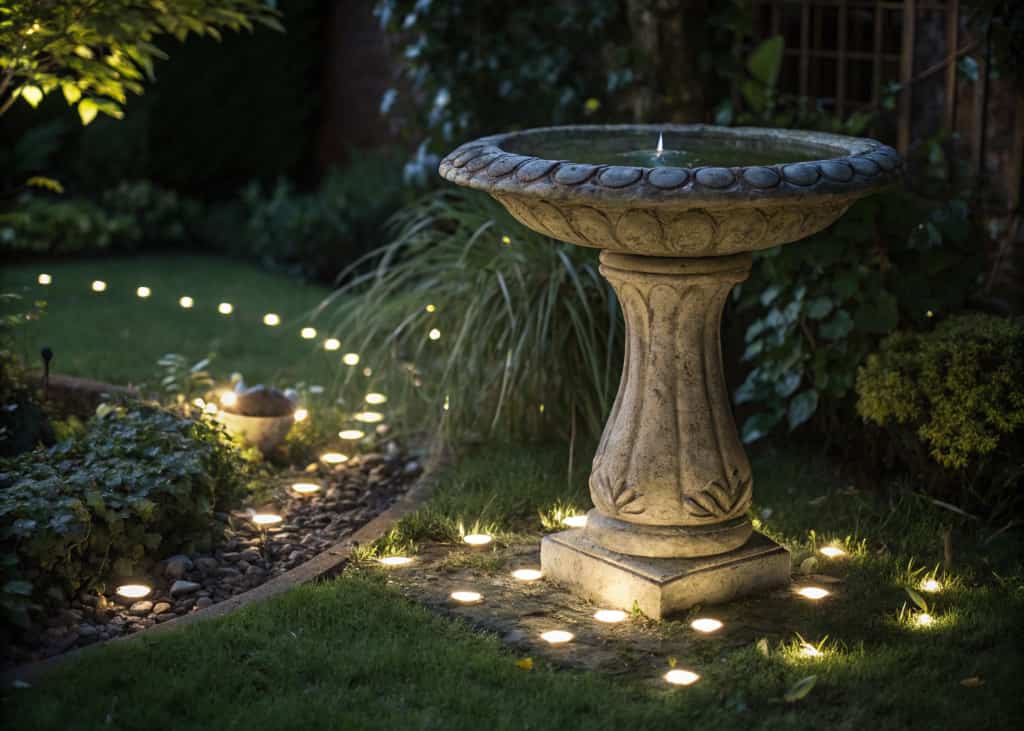 A stone bird bath with small solar LED lights placed around its base glowing softly at night in a garden, creating a magical and romantic outdoor atmosphere