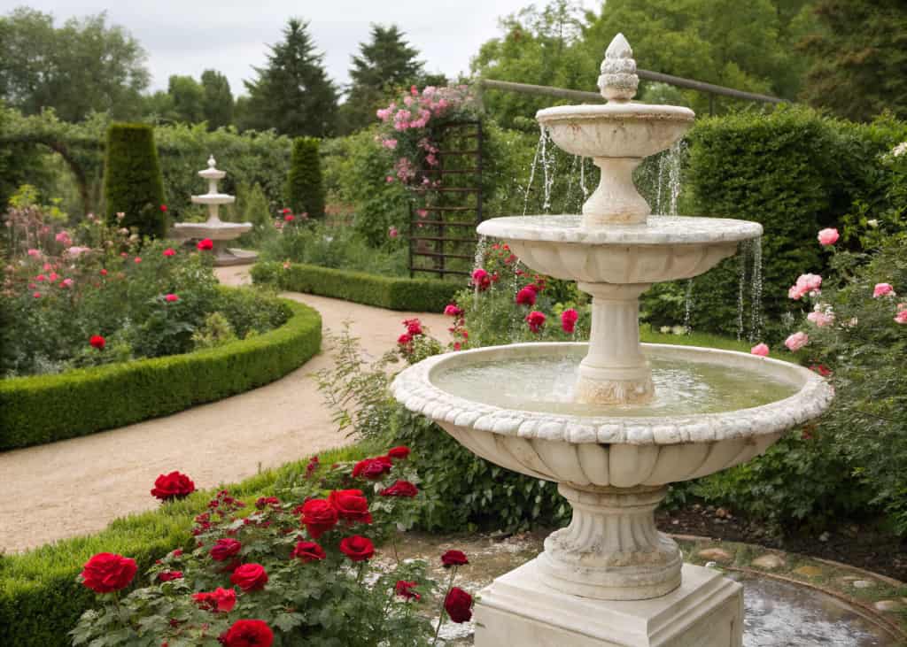 A beautiful three-tiered white stone bird bath with water gently flowing from tier to tier, surrounded by red and pink roses in a formal English-style garden
