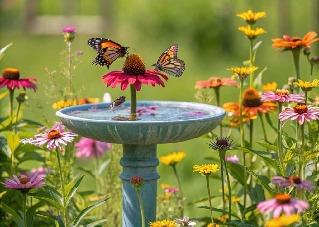 A colorful bird bath surrounded by butterfly-attracting flowers like coneflowers, milkweed, zinnias, and butterfly bush with butterflies flying around in a bright sunny garden