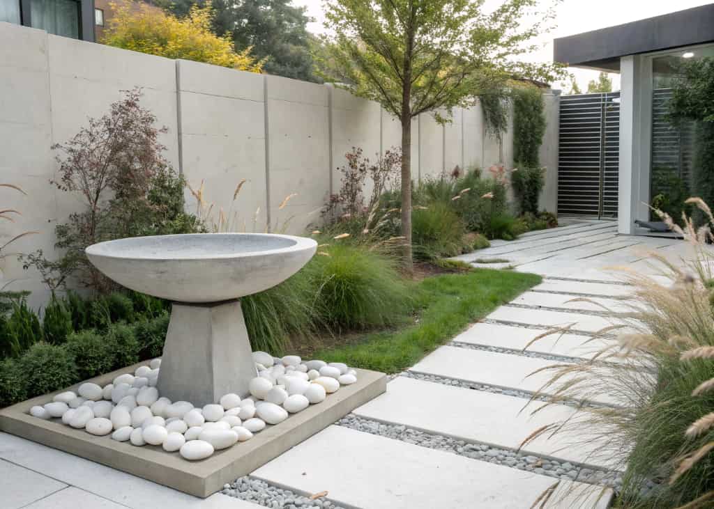 A sleek minimalist round concrete bird bath on a simple geometric base placed in a modern garden with clean lines, ornamental grasses, and smooth white pebbles