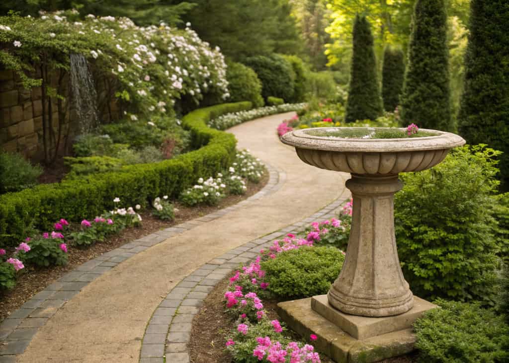A stone pedestal bird bath placed at the end of a curved garden path lined with blooming flowers and green shrubs, creating a welcoming and picturesque backyard scene