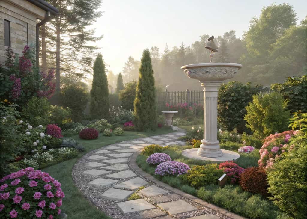 A beautiful garden pathway leading to a tall pedestal bird bath placed at the center, surrounded by colorful blooming flowers, lush green shrubs, and decorative stones, soft sunlight, peaceful backyard setting, high detail, realistic, aesthetic landscaping design