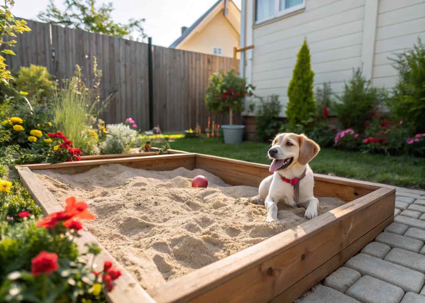 A small sandbox area in a backyard with a dog happily digging, surrounded by wooden borders and colorful garden plants nearby, bright daylight, realistic photo.