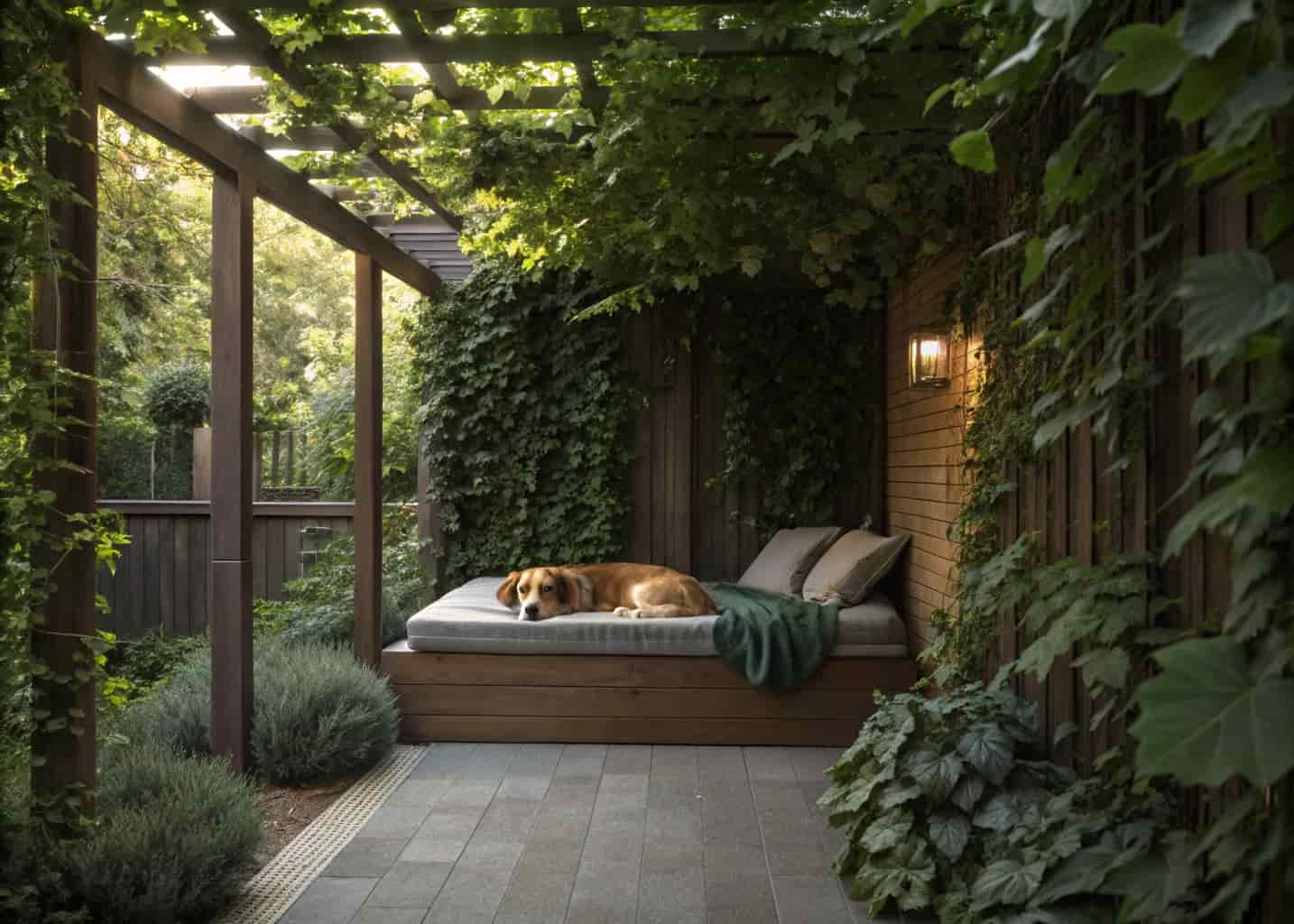 A cozy shaded garden nook with a dog sleeping on a raised outdoor bed, surrounded by leafy plants and a canopy overhead, peaceful and serene, soft light, photorealistic