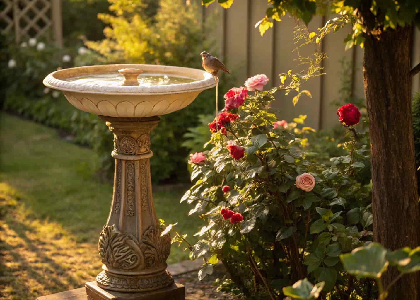 An elegant DIY bird bath made from a repurposed vintage floor lamp base painted in antique bronze, a wide decorative ceramic bowl on top filled with water, placed among blooming rose bushes in a classic English garden, warm golden afternoon light, realistic photography.