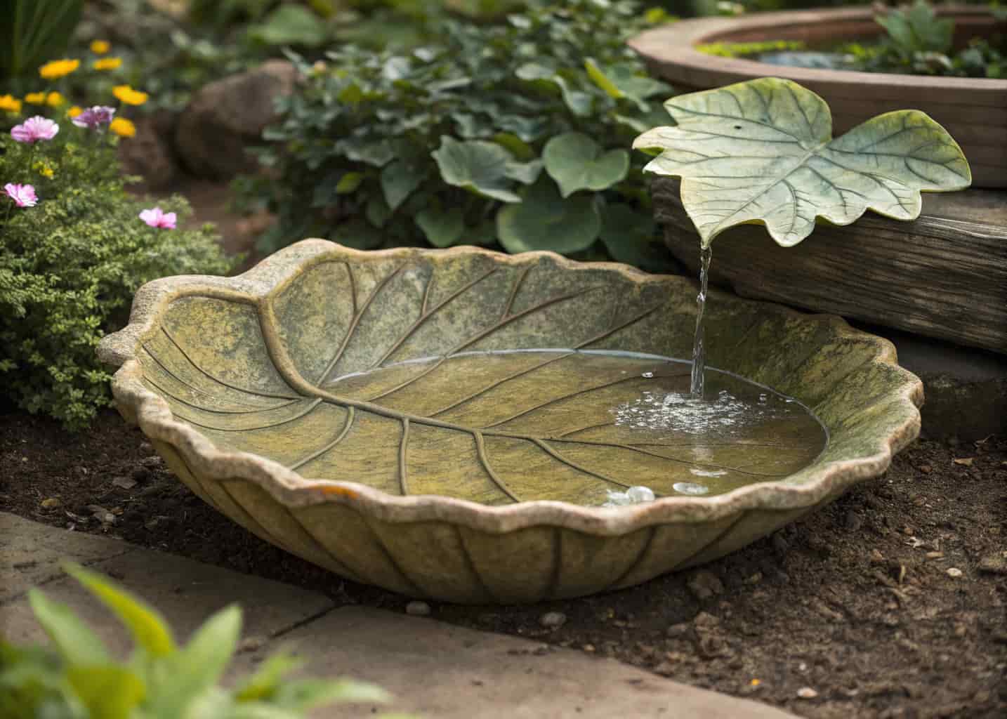 A beautiful DIY bird bath shaped like a giant leaf made from textured concrete, detailed leaf veins visible on the surface, painted in earthy green and brown tones, filled with water, placed on garden soil surrounded by real plants and flowers, realistic nature photography.