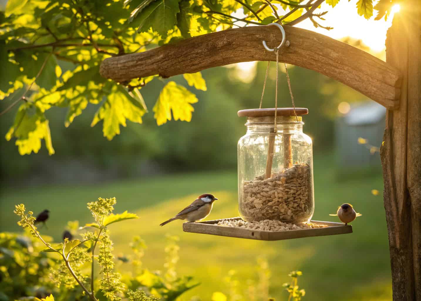 A clear mason jar bird feeder filled with sunflower seeds, hanging from a rustic wooden branch in a lush green garden, warm golden sunlight, cozy cottagecore aesthetic, small birds perched on the feeding tray