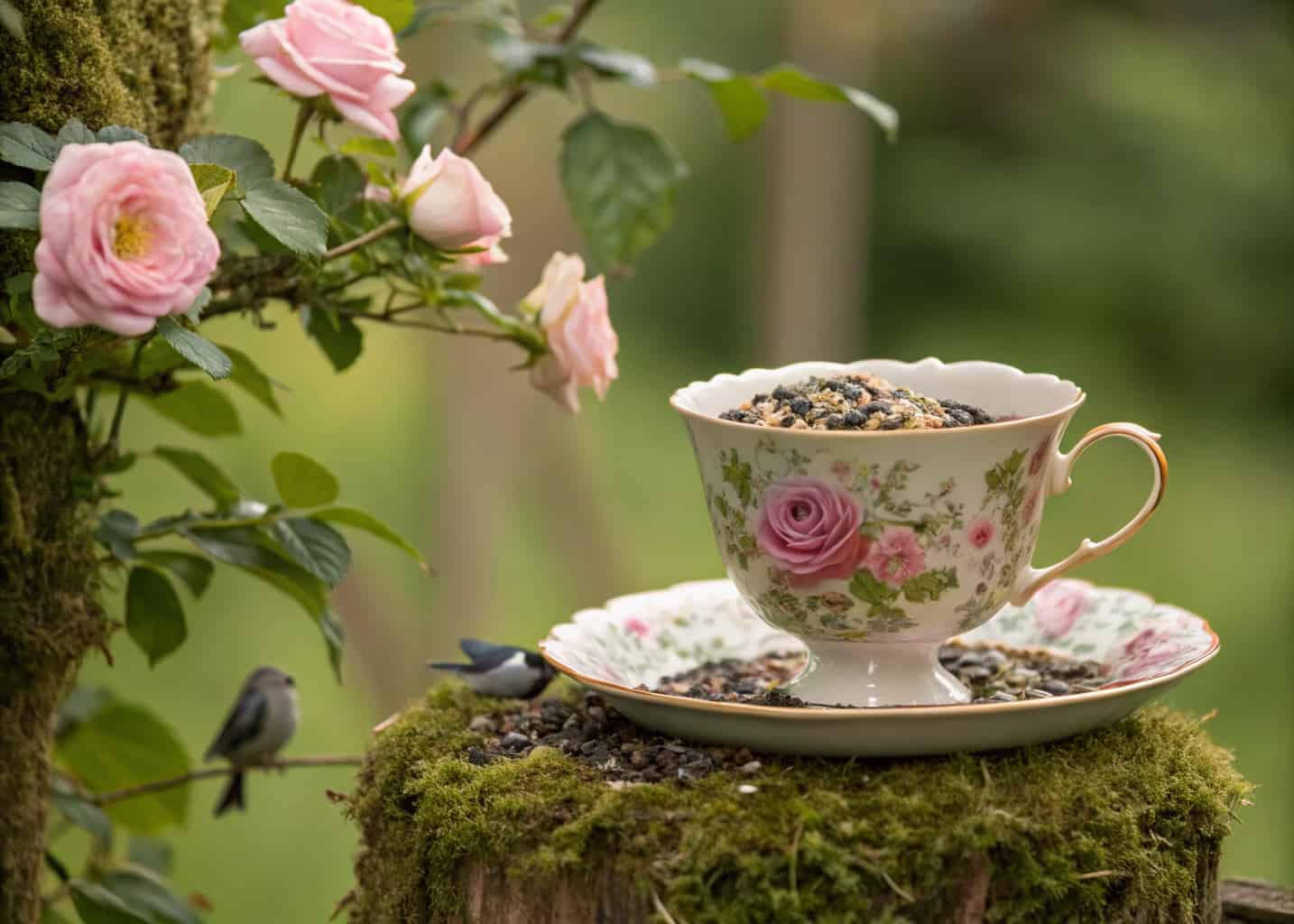 A vintage floral teacup tilted on a saucer filled with bird seeds, mounted on a mossy garden post, surrounded by soft pink roses and green leaves, dreamy cottagecore garden aesthetic, tiny birds eating from it