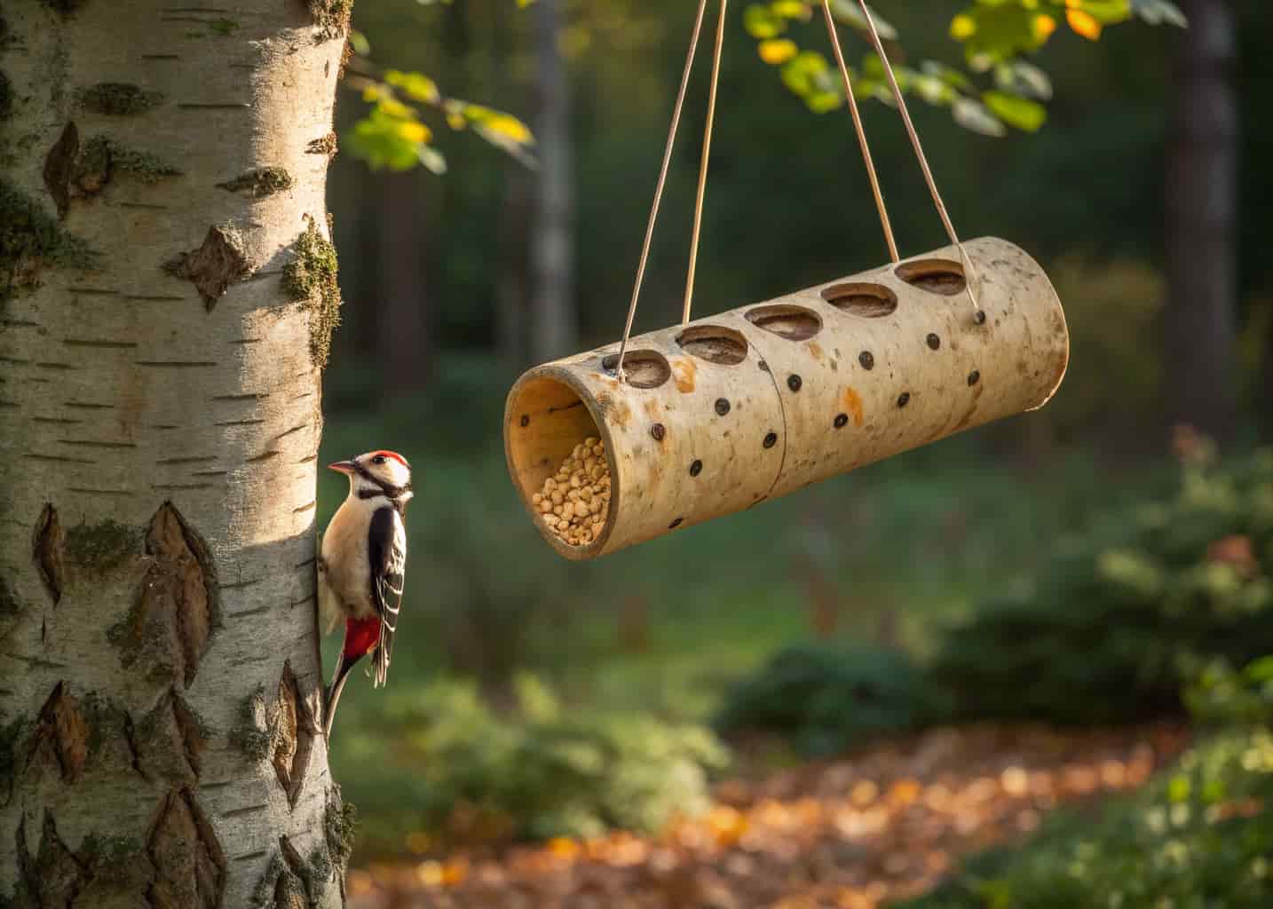A natural birch log feeder with drilled holes filled with peanut butter and seeds, hanging from a tall oak tree, a woodpecker clinging to it, dappled forest light, natural rustic garden setting