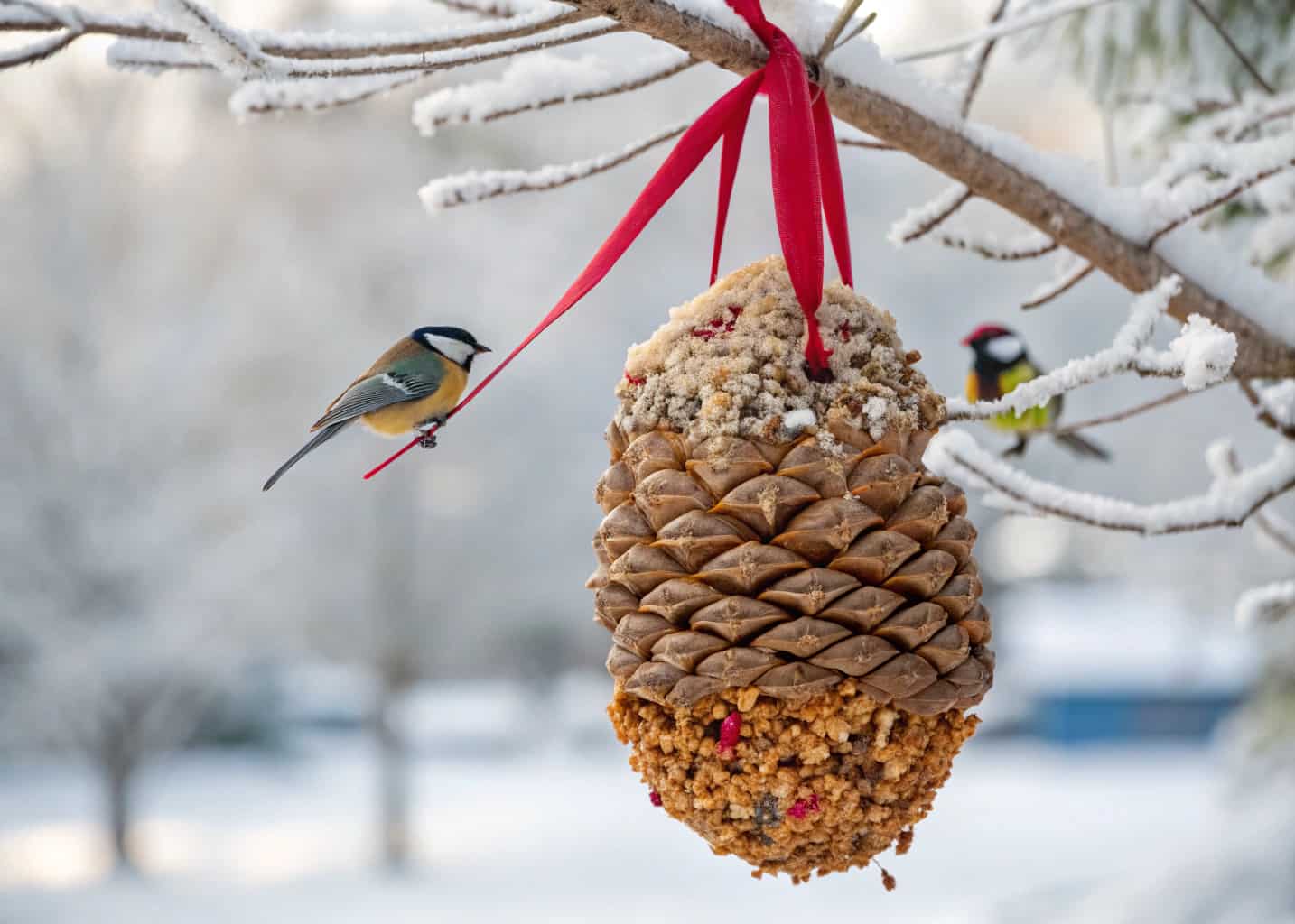 A large pinecone coated in peanut butter and mixed birdseed hanging from a red ribbon on a snowy tree branch, small colorful birds perched on it, winter garden background, cozy and festive feel