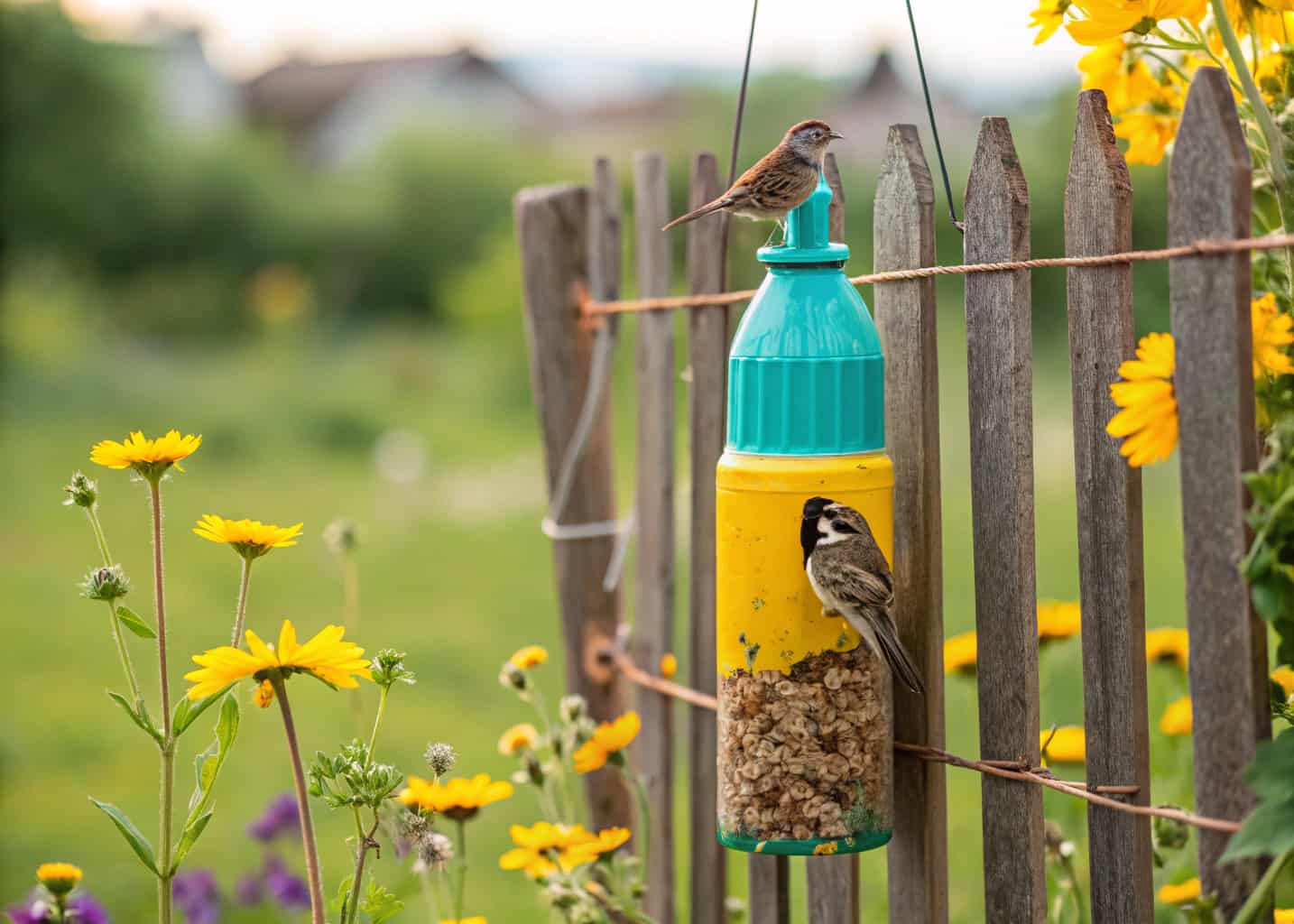  A colorful upcycled plastic bottle bird feeder hanging from a garden fence, painted in yellow and teal, small wooden dowel perches, finches and sparrows eating seeds, sunny garden background with wildflowers