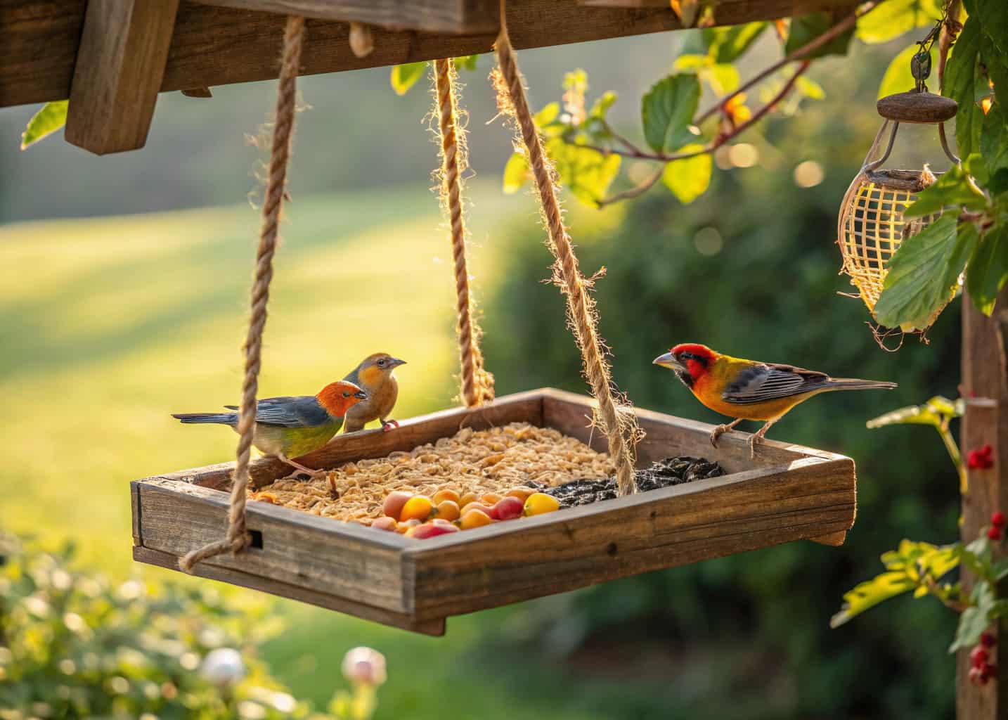 A rustic wooden hanging tray bird feeder filled with mixed seeds and fruit slices, suspended from a garden pergola with rope, multiple colorful birds eating together, lush green garden backdrop, morning sunlight
