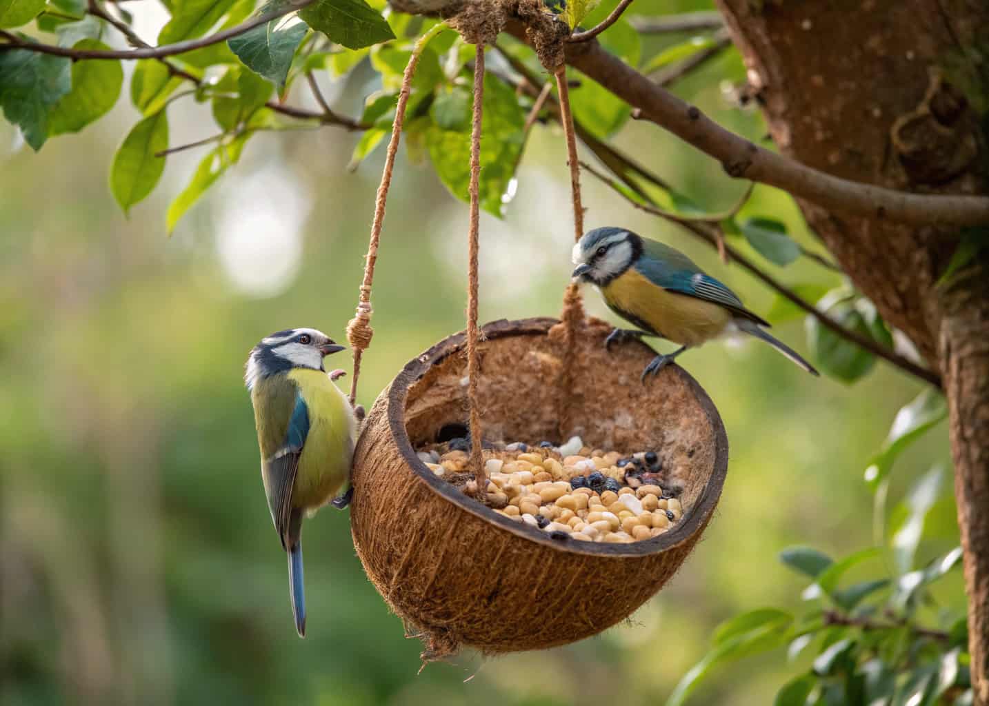  A halved coconut shell filled with suet and seeds hanging from a garden tree with jute twine, a pair of blue tits clinging to it, tropical and natural garden setting, green leaves surrounding it, soft daylight