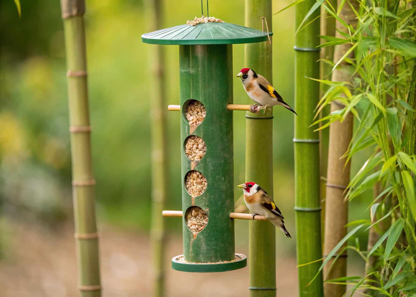 A natural green bamboo tube bird feeder with small wooden perches, hanging vertically in a lush bamboo garden, goldfinches perched on it eating nyjer seeds, zen garden aesthetic, soft green tones