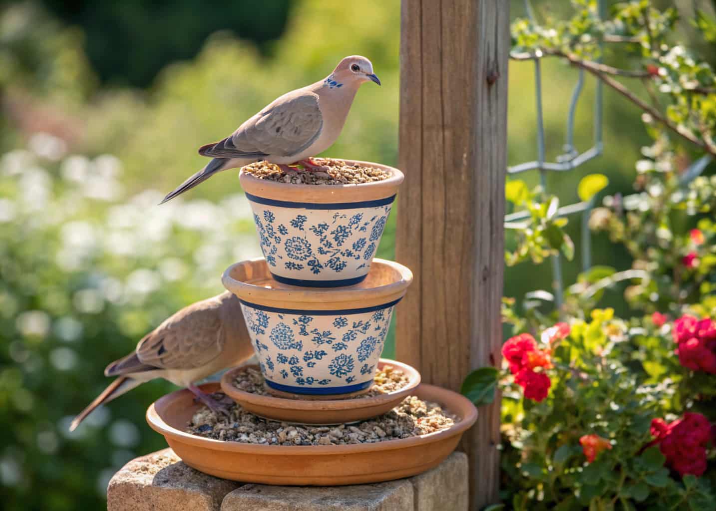 A stacked terracotta pot bird feeder on a wooden garden post, hand-painted with floral patterns in blue and white, filled with mixed grains, two doves sitting on the rim, sunny Mediterranean garden background