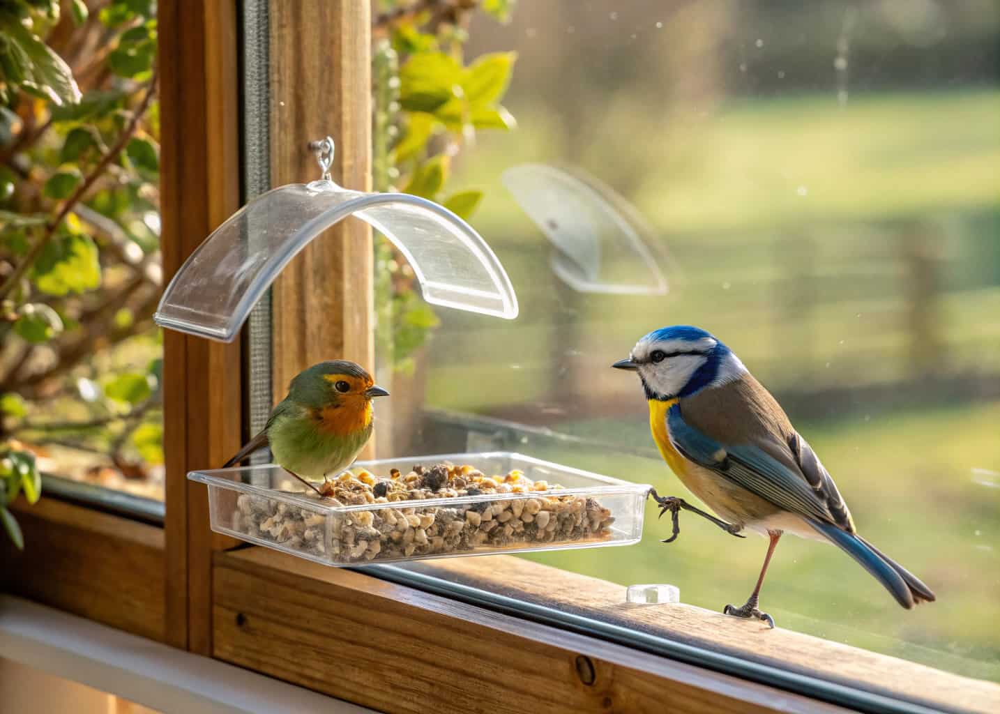A clear acrylic window suction cup bird feeder attached to a glass window, a robin and a blue tit eating seeds side by side, view from inside a cozy home, warm interior lighting contrasting with green garden outside