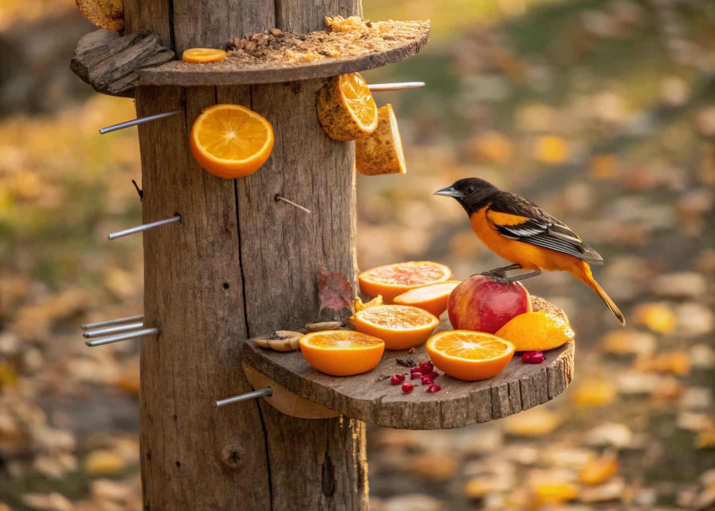 A rustic driftwood fruit spike feeder with halved oranges and apple slices impaled on nails, mounted on a garden post, a bright orange oriole eating from it, autumn garden with golden leaves, warm morning light