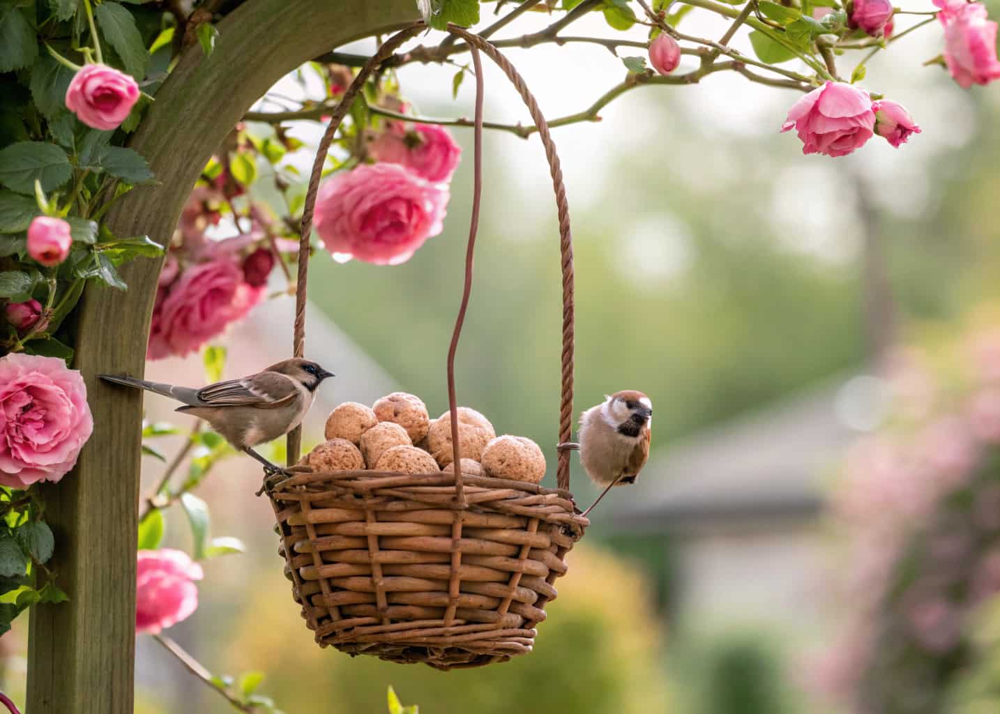 A small wicker woven basket bird feeder filled with fat balls and seeds, hanging from a climbing rose arch in a cottage garden, sparrows and tits feeding from it, pink roses in bloom around it, soft afternoon light