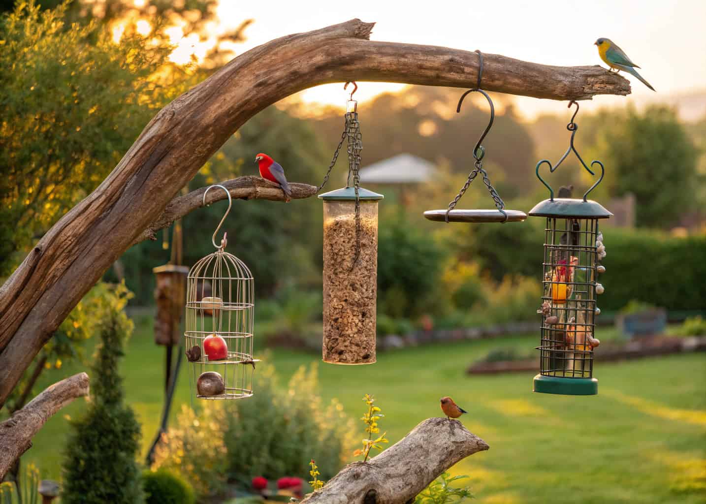  A large weathered driftwood branch anchored in a garden, multiple bird feeders hanging from it including seed tubes, fat ball cages and fruit spikes, many colorful birds feeding simultaneously, lush garden background, golden hour light