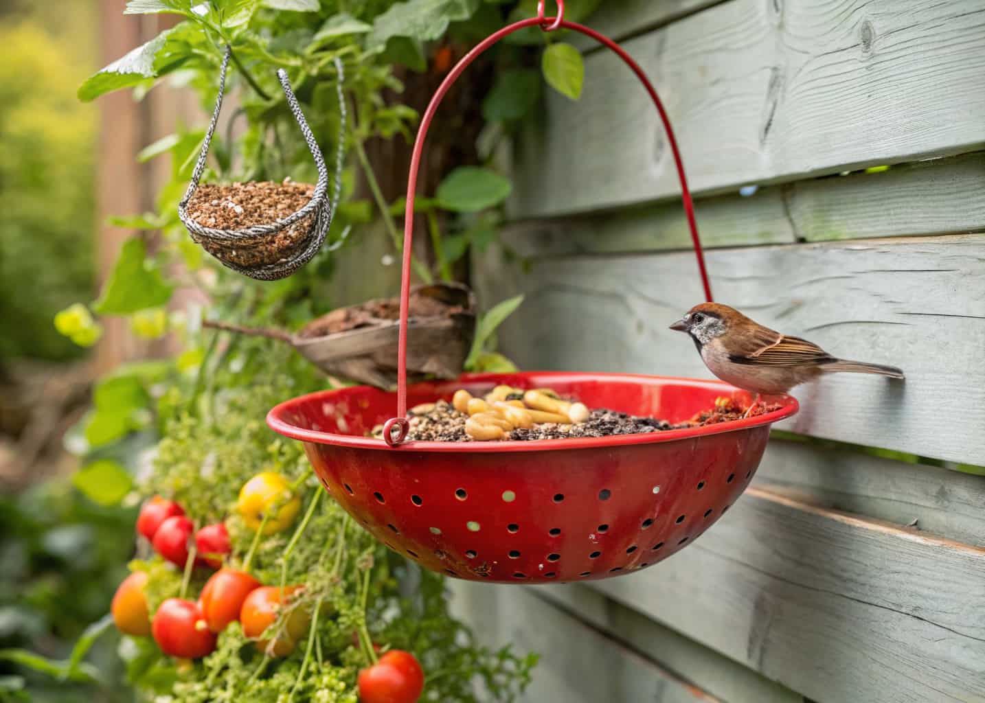  A bright red vintage metal colander bird feeder filled with mixed seeds hanging from a rustic garden shed wall, sparrows and chaffinches feeding from it, kitchen garden setting with herbs and vegetables growing nearby, cheerful and colorful