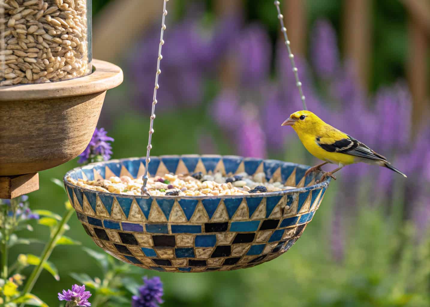  A handmade ceramic mosaic bird feeder decorated with blue and gold tile pieces, sparkling in garden sunlight, filled with sunflower seeds, a bright yellow finch perched on the rim, colorful cottage garden with lavender in the background