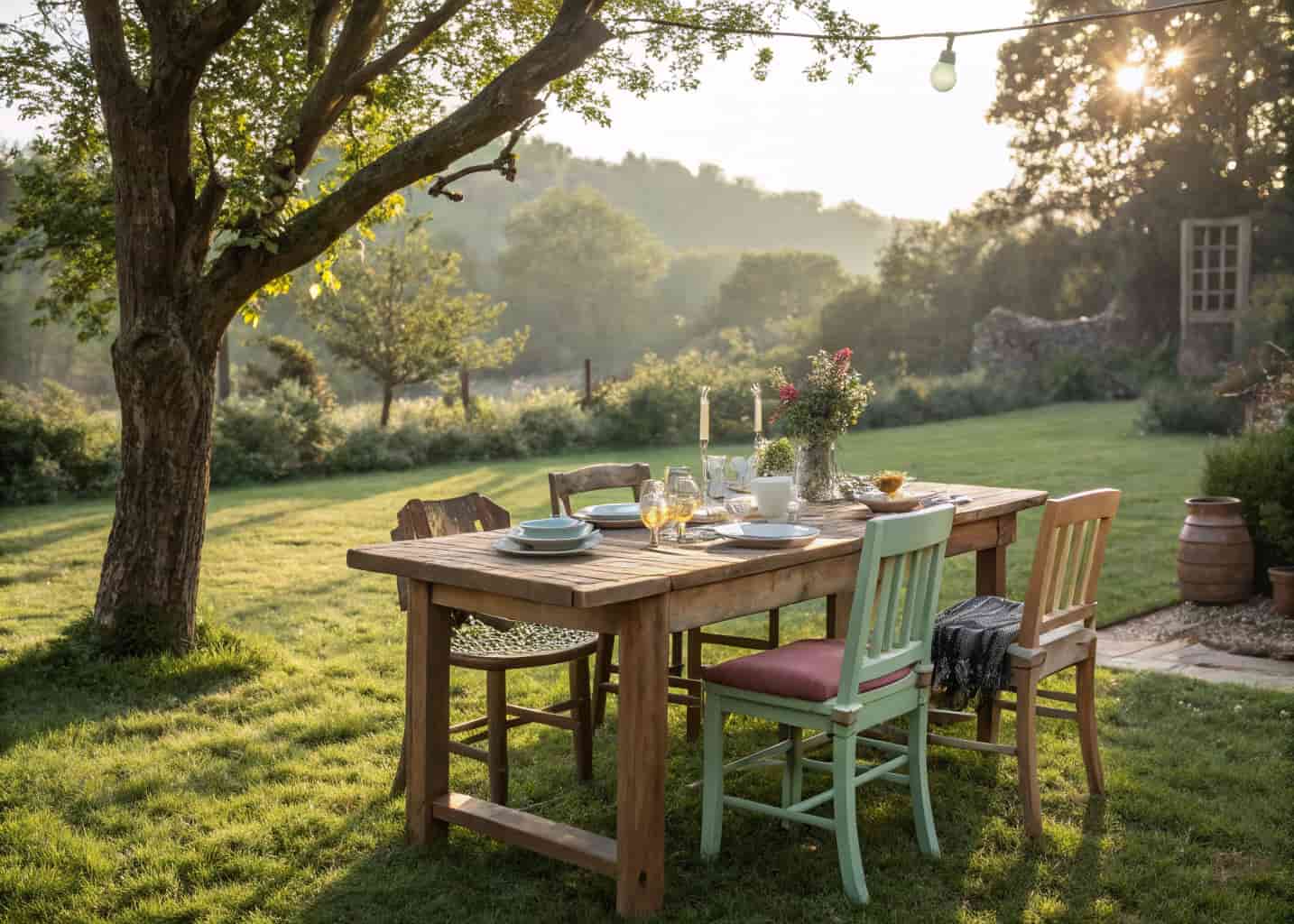 A rustic wooden outdoor dining table with mismatched painted chairs in a green backyard, afternoon sunlight, cozy and budget-friendly feel.