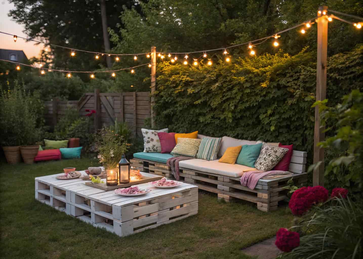 DIY pallet outdoor lounge dining area with colorful cushions, a low pallet table, string lights above, backyard garden setting, warm evening light.