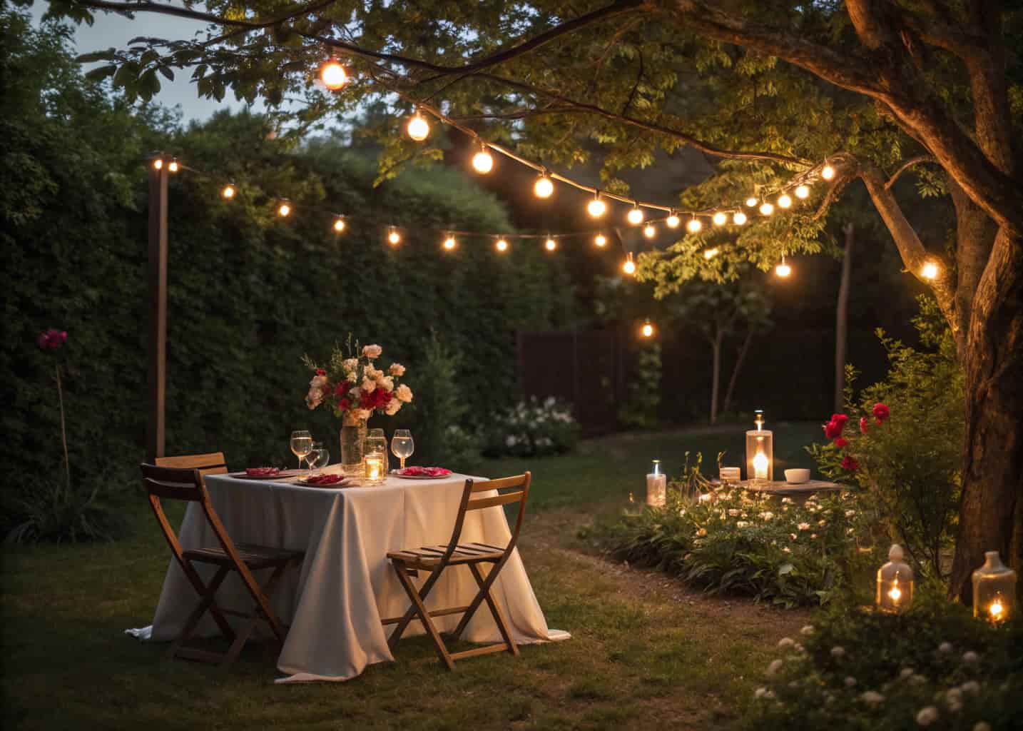 Outdoor dining table under warm string lights at night, backyard garden, romantic and cozy atmosphere, soft glowing bulbs, budget setup.